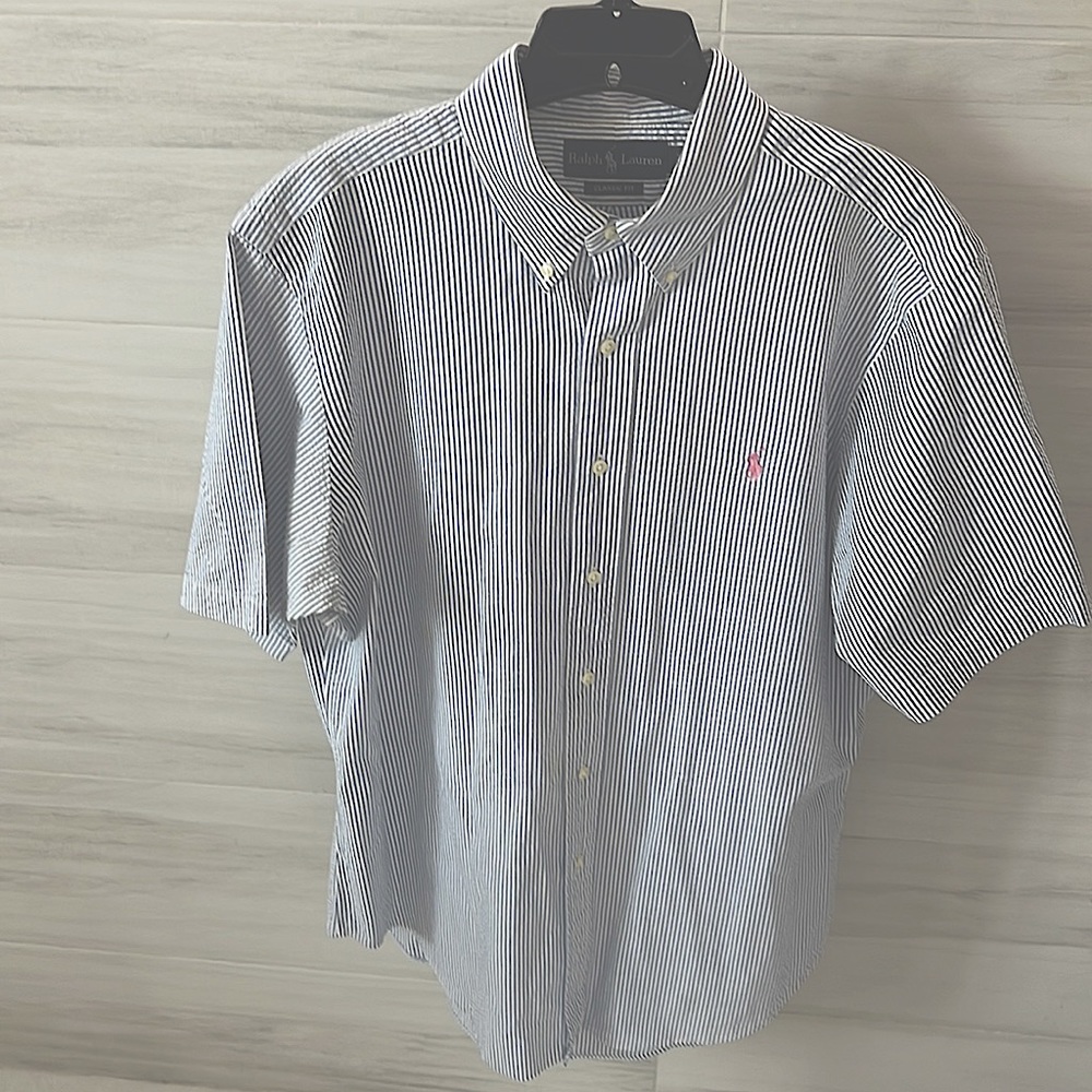 RALPH LAUREN Classic Fit Short Sleeve Seersucker Button Down Shirt Size Large